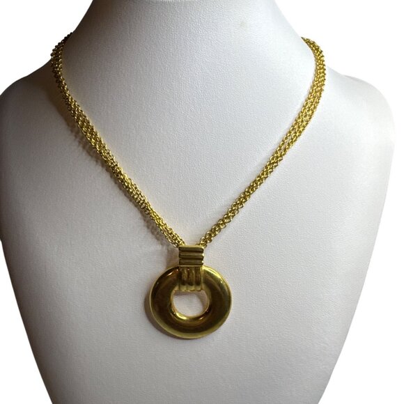 Vintage Gold Tone Statement Double Strand Necklace Circular Pendant Toggle Clasp - Picture 1 of 5